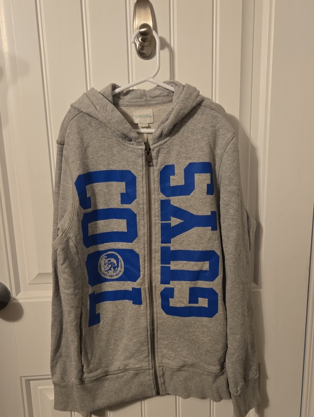 Diesel Gray Zip-Up Hoodie with Blue Graphic Lettering